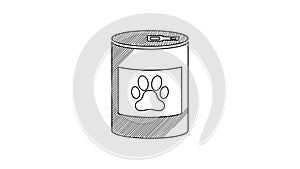 Black line Canned food icon isolated on white background. Food for animals. Pet food can. Dog or cat paw print. 4K Video