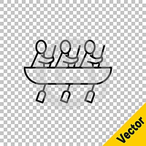 Black line Canoe rowing team sports icon isolated on transparent background. Three athletes with oars rowing in boat