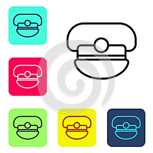 Black line Captain hat icon isolated on white background. Set icons in color square buttons. Vector