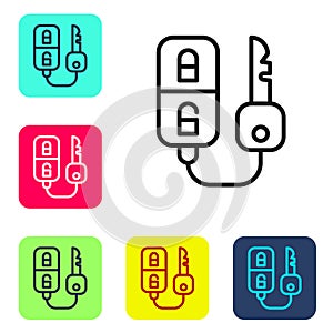 Black line Car key with remote icon isolated on white background. Car key and alarm system. Set icons in color square