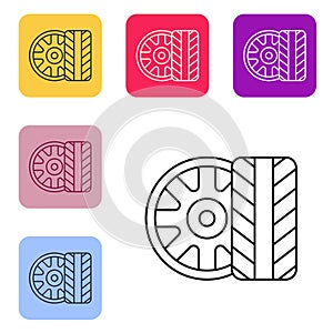 Black line Car tire wheel icon isolated on white background. Set icons in color square buttons. Vector