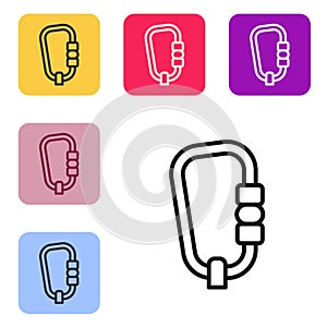 Black line Carabiner icon isolated on white background. Extreme sport. Sport equipment. Set icons in color square