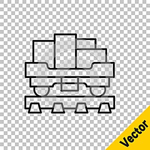 Black line Cargo train wagon icon isolated on transparent background. Full freight car. Railroad transportation. Vector
