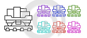 Black line Cargo train wagon icon isolated on white background. Full freight car. Railroad transportation. Set icons