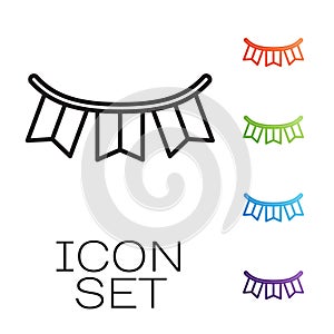 Black line Carnival garland with flags icon isolated on white background. Party pennants for birthday celebration