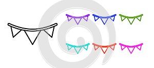 Black line Carnival garland with flags icon isolated on white background. Party pennants for birthday celebration