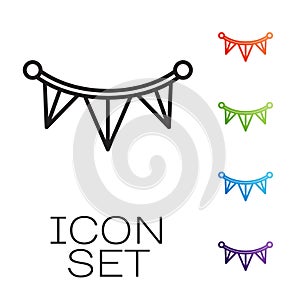 Black line Carnival garland with flags icon isolated on white background. Party pennants for birthday celebration