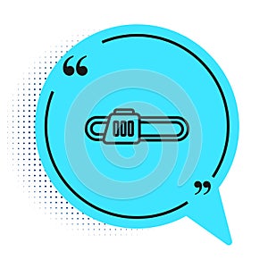 Black line Chainsaw icon isolated on white background. Blue speech bubble symbol. Vector Illustration
