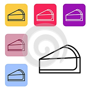 Black line Cherry cheesecake slice with fruit topping icon isolated on white background. Set icons in color square
