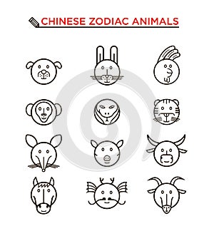 Black line Chinese zodiac animal icons