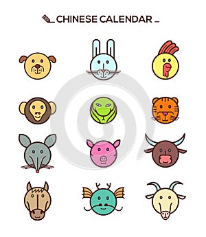 Black line Chinese zodiac animal icons