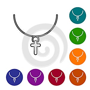 Black line Christian cross on chain icon isolated on white background. Church cross. Set icons in color circle buttons