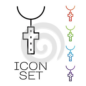 Black line Christian cross on chain icon isolated on white background. Church cross. Set icons colorful. Vector