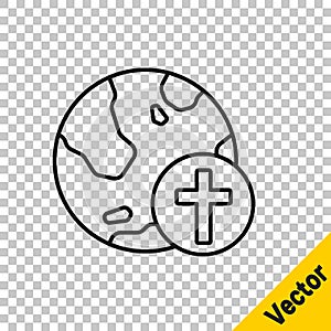 Black line Christian cross with globe Earth icon isolated on transparent background. World religion day. Vector