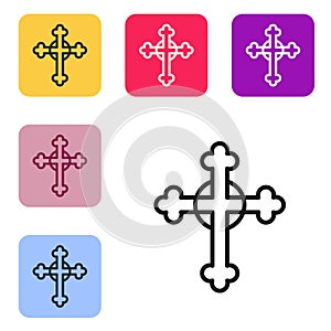 Black line Christian cross icon isolated on white background. Church cross. Set icons in color square buttons. Vector