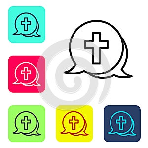 Black line Christian cross icon isolated on white background. Church cross. Set icons in color square buttons. Vector