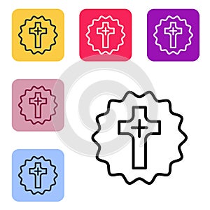 Black line Christian cross icon isolated on white background. Church cross. Set icons in color square buttons. Vector