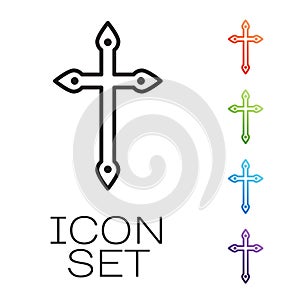 Black line Christian cross icon isolated on white background. Church cross. Set icons colorful. Vector