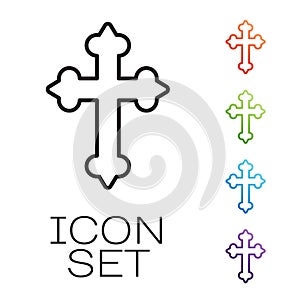 Black line Christian cross icon isolated on white background. Church cross. Set icons colorful. Vector