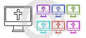 Black line Christian cross on monitor icon isolated on white background. Church cross. Set icons colorful. Vector