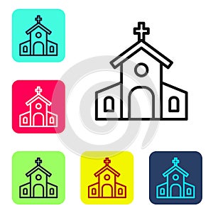 Black line Church building icon isolated on white background. Christian Church. Religion of church. Set icons in color