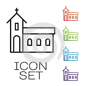 Black line Church building icon isolated on white background. Christian Church. Religion of church. Set icons colorful