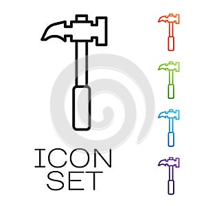 Black line Claw hammer icon isolated on white background. Carpenter hammer. Tool for repair. Set icons colorful. Vector