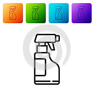 Black line Cleaning spray bottle with detergent liquid icon isolated on white background. Set icons in color square