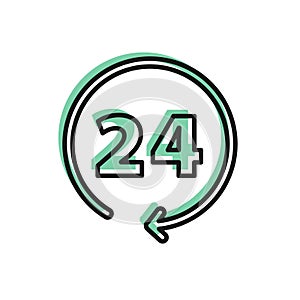 Black line Clock 24 hours icon isolated on white background. All day cyclic icon. 24 hours service symbol. Vector