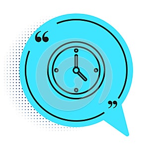 Black line Clock icon isolated on white background. Time symbol. Blue speech bubble symbol. Vector Illustration