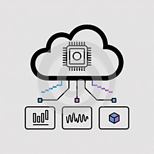 Black Line Cloud Computing System Diagram Microchip Data Processing Network Illustration White Background Bar Graph Waveform Cube