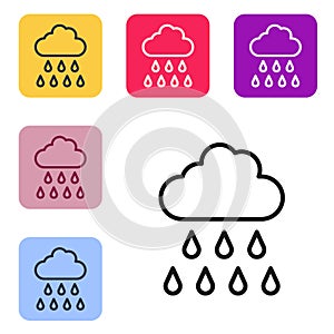Black line Cloud with rain icon isolated on white background. Rain cloud precipitation with rain drops. Set icons in