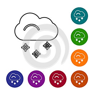Black line Cloud with snow icon isolated on white background. Cloud with snowflakes. Single weather icon. Snowing sign. Set icons