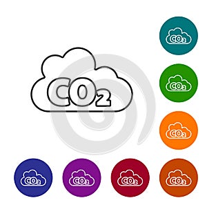 Black line CO2 emissions in cloud icon isolated on white background. Carbon dioxide formula, smog pollution concept