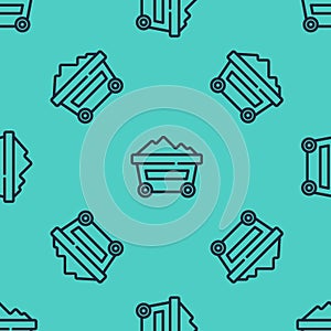 Black line Coal mine trolley icon isolated seamless pattern on green background. Factory coal mine trolley. Vector