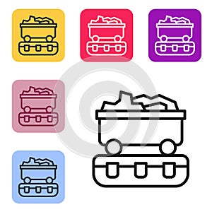 Black line Coal train wagon icon isolated on white background. Rail transportation. Set icons in color square buttons