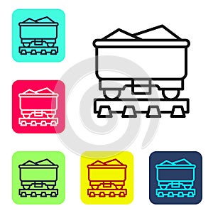 Black line Coal train wagon icon isolated on white background. Rail transportation. Set icons in color square buttons