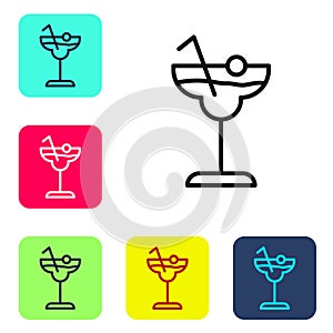 Black line Cocktail and alcohol drink icon isolated on white background. Set icons in color square buttons. Vector