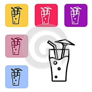 Black line Cocktail and alcohol drink with umbrella icon isolated on white background. Set icons in color square buttons