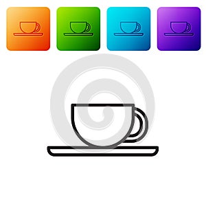 Black line Coffee cup icon isolated on white background. Tea cup. Hot drink coffee. Set icons in color square buttons