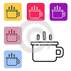 Black line Coffee cup icon isolated on white background. Tea cup. Hot drink coffee. Set icons in color square buttons. Vector
