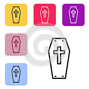 Black line Coffin with christian cross icon isolated on white background. Happy Halloween party. Set icons in color