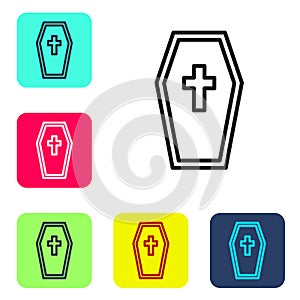 Black line Coffin with christian cross icon isolated on white background. Happy Halloween party. Set icons in color