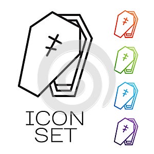 Black line Coffin with christian cross icon isolated on white background. Happy Halloween party. Set icons colorful