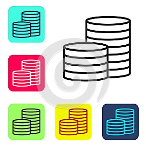 Black line Coin money icon isolated on white background. Banking currency sign. Cash symbol. Set icons in color square