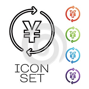 Black line Coin money with Yen symbol icon isolated on white background. Banking currency sign. Cash symbol. Set icons