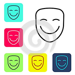 Black line Comedy theatrical mask icon isolated on white background. Set icons in color square buttons. Vector