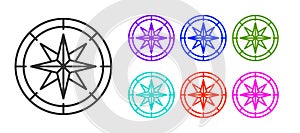 Black line Compass icon isolated on white background. Windrose navigation symbol. Wind rose sign. Set icons colorful