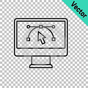 Black line Computer display with vector design program icon isolated on isolated on transparent background. Photo editor