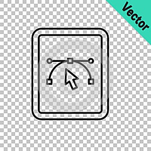 Black line Computer display with vector design program icon isolated on isolated on transparent background. Photo editor